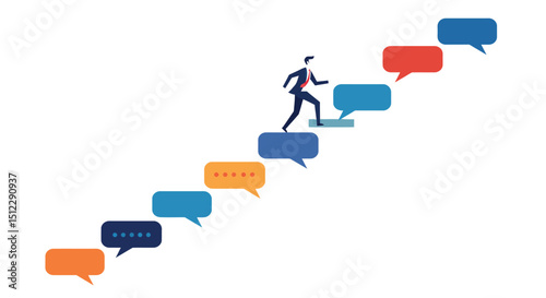 Conceptual image of success steps with businessperson climbing speech bubble stairs