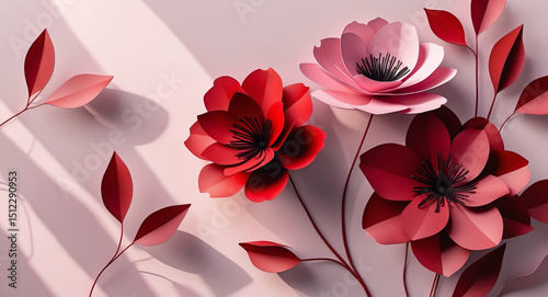 Paper-crafted red and pink flowers with shadows on pale pink background