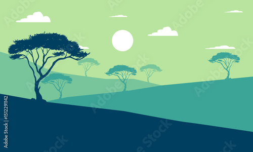 Morning Hilly Nature Landscape with Sunrise and Tree Silhouettes