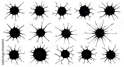 Black spiky ink blots on white background - abstract shapes with radiating lines