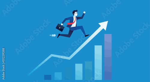 Business growth concept: caucasian male young professional leaping over rising graph