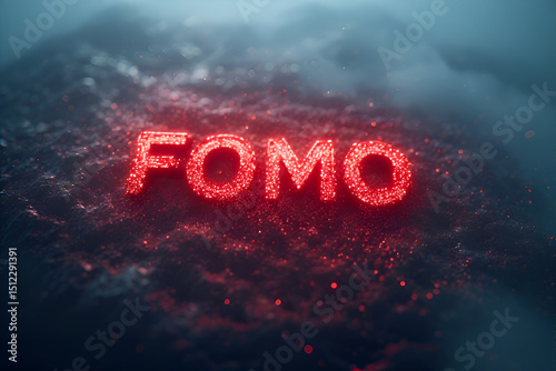 The word fomo is written in red glowing letters on a dark background
