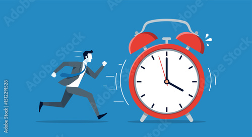 Businessman rushing against giant clock representing deadline pressure