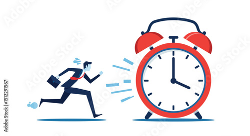 Businessman rushing towards giant red alarm clock symbolizing deadline pressure