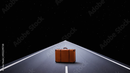 Orange suitcase on an endless road under a starry night sky, symbolizing travel, adventure, and the journey into the unknown.