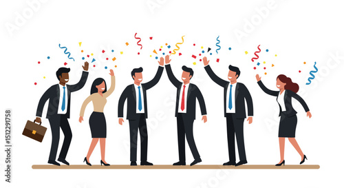 Diverse business team celebrating success with high fives and confetti