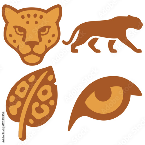 A tan and brown graphic features a leopard head walking silhouette leaf and eye