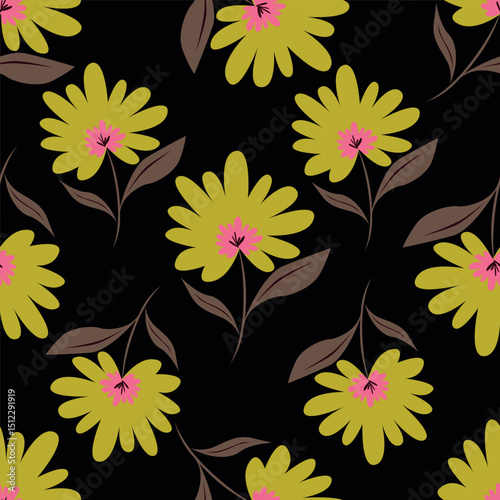 Cute seamless vector floral pattern. Endless print made of small purple and lilac flowers. Summer and spring motifs. Black background. Stock vector illustration.
