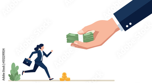 Businesswoman chasing money_reward opportunity illustration