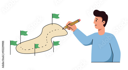 Young caucasian male planning path with pencil and map flags