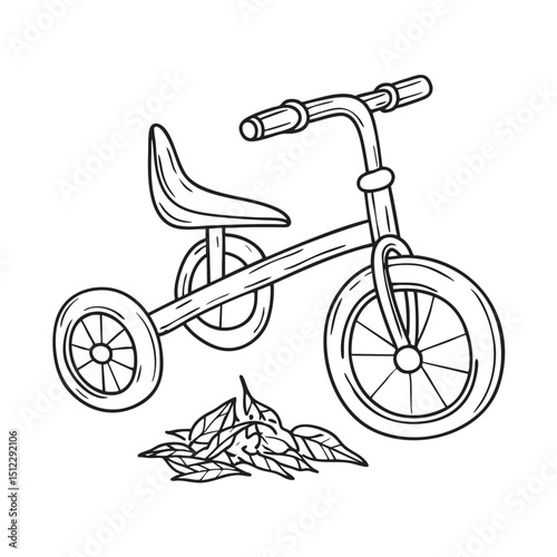 A tricycle beside a pile of leaves