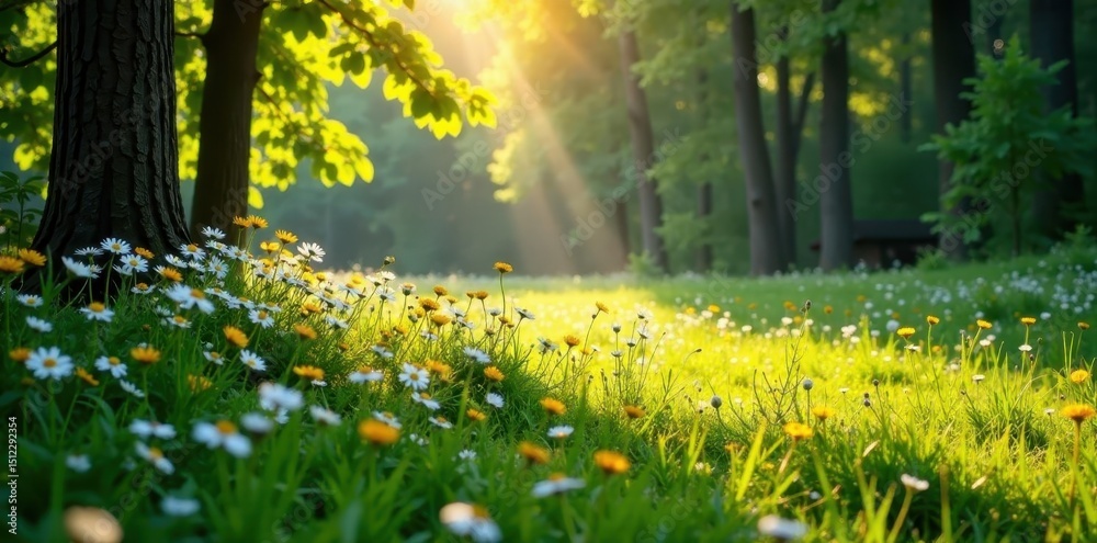 Obraz premium Sun-dappled meadow, wildflowers bloom in forest clearing, spring, sunlight