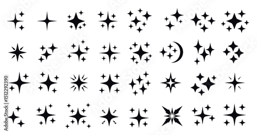 Collection of various black decorative star and sparkle icons