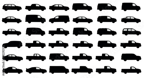 Silhouettes of diverse vehicles in grid on white background