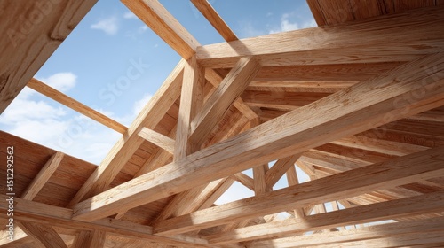 A 4K photo of unfinished wood construction, exposed rafters, beams of house roof. Structural carpentry framing, building process. Joinery elements of construction in.