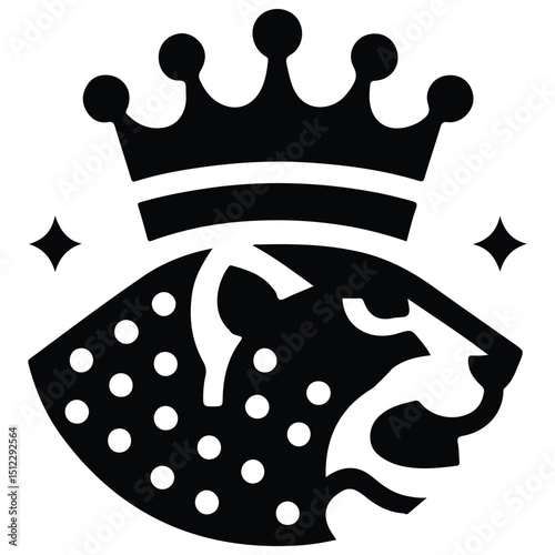 A black jaguar head with white spots under a crown with two diamonds on either side