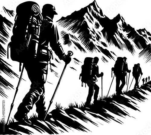 Group of hikers trekking on mountain trail with backpacks  