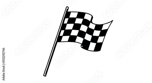 Black and white checkered flag waving on pole in vector art style