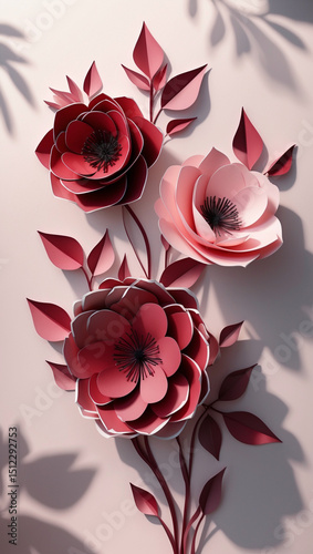 Paper-crafted red and pink flowers with shadows on pale pink background