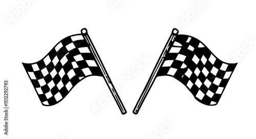 Two black and white checkered racing flags on poles in motion