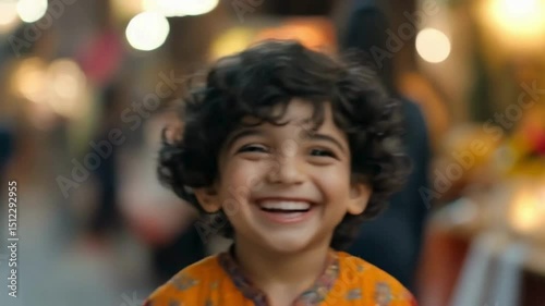 A young Indian boy laughing heartily, with sparkling eyes and a radiant, toothy grin. Their dark curly hair is slightly messy, and they wear a colorful kurta/dress