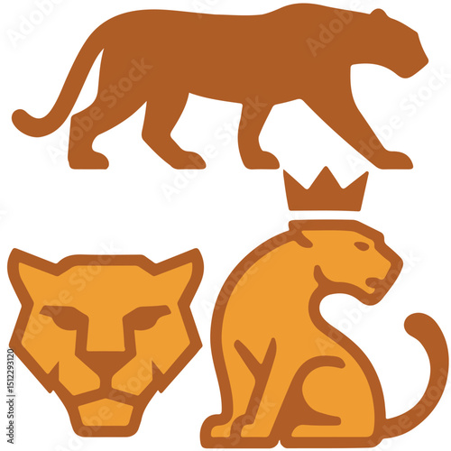 Image shows four orange stylized graphicstyle pantherlion heads  bodies