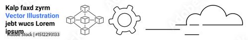Blockchain network structure, gear for process automation, and cloud computing for storage synergy. Ideal for technology, innovation, data management, connectivity, cloud services, automation simple