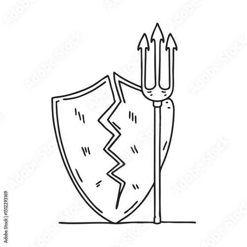 A trident beside a broken shield