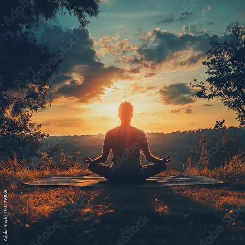 Silhouette of a Man Meditating at Sunset Overlooking a Serene Landscape