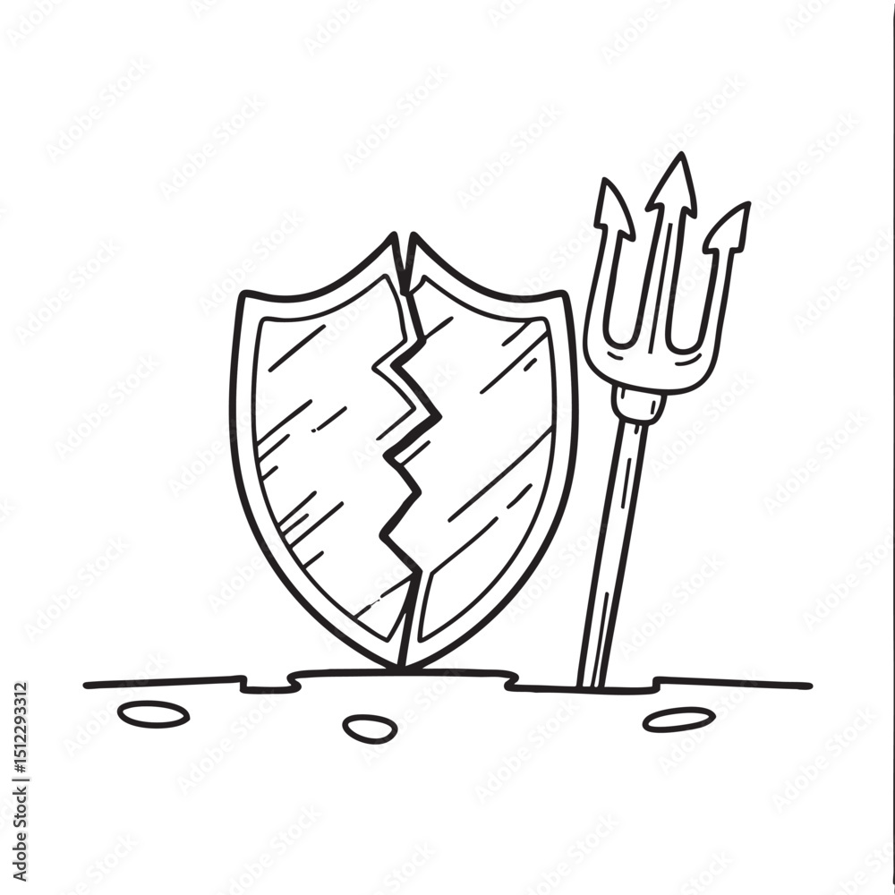 Fototapeta premium A trident placed close to a cracked shield