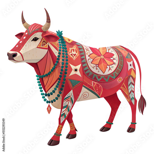 Festive Cow in Art: A vibrantly illustrated cow, adorned with intricate patterns and cultural embellishments, stands as a testament to artistic expression and the rich tapestry of culture.