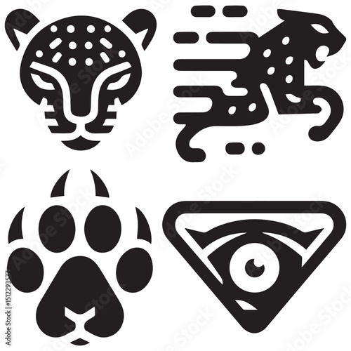 Four black stylized jaguar icons head running paw and triangular eye