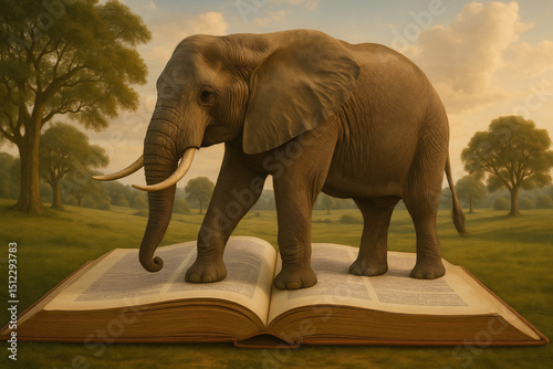Elephant standing on an open book in a serene landscape, symbolizing knowledge, wisdom, and the harmony between nature and learning.