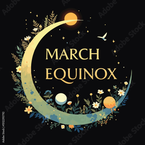 March Equinox Vector Design: Vernal Equinox Celebration with Nature, Sun & Earth Balance, Seasonal Change, Cosmic Harmony, Day & Night Equality, Renewal, Astrological Event