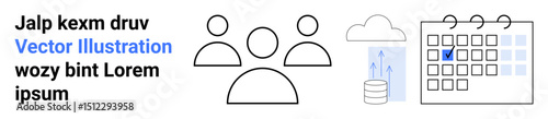 Team icons, cloud upload, database, and a calendar with a marked date. Ideal for teamwork, cloud computing, data management, scheduling, productivity applications and simple landing page
