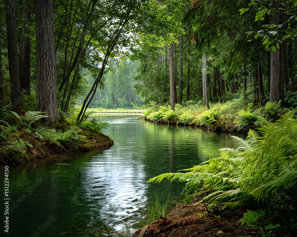 Obraz premium A serene river flows through a lush green forest, surrounded by vibrant ferns and trees.