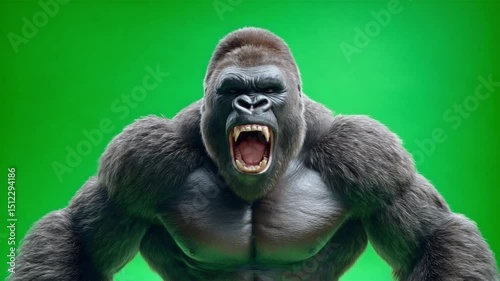 Roaring Gorilla: Powerful gorilla roars with ferocious teeth against a vivid green, showcasing his raw strength and wild nature in sharp focus.