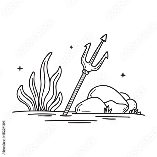 A trident placed beside seaweed and a rock