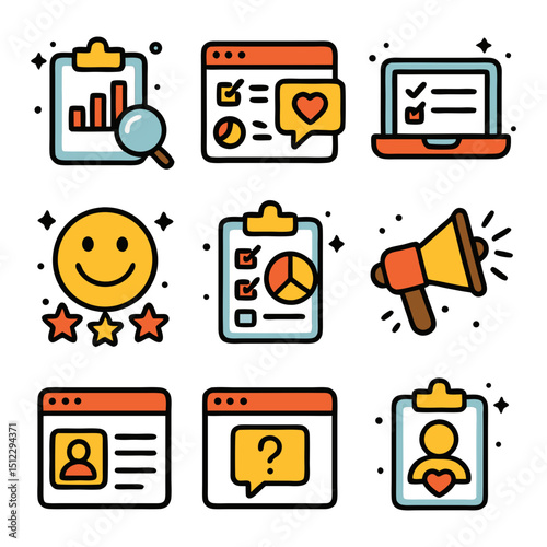 Survey web icons show 9 features for effective online research. Ideal for websites, presentations, and materials related to survey or market research.