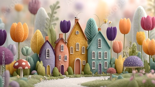 Colorful Cottage Row in Whimsical Spring Landscape with Tulips and Insects
