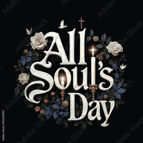 All Souls Day Vector Design: Christian & Catholic Remembrance with Candles, Cross, Prayer, Spiritual Worship, Memorial, Faith, Peaceful Mourning, Holy Light, Cemetery Tribute & Sacred Devotion  