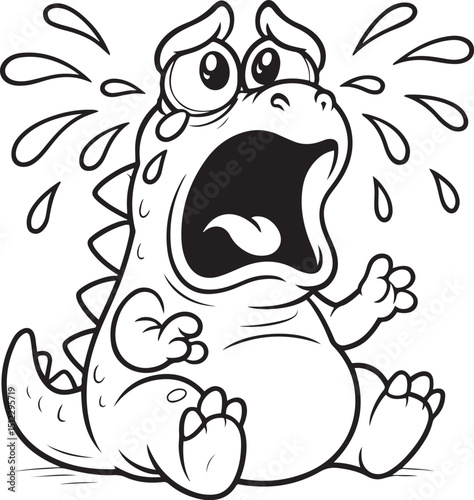 Cute crying cartoon Dinosaur black and white cartoon line art  drawing of a baby dinosaur