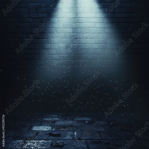 Mysterious Dark Brick Wall Room with Spotlight and Dust Particles
