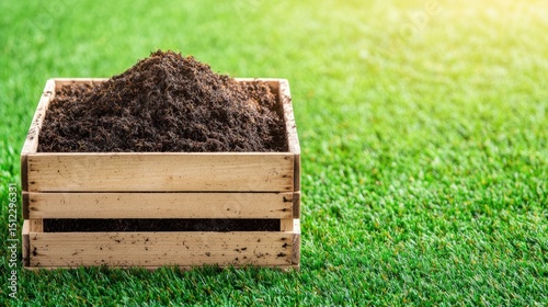 Rustic Wooden Crate Filled with Dark Peat Moss and Soil on a Lush Green Grass Background