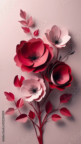 Paper-crafted red and pink flowers with shadows on pale pink background