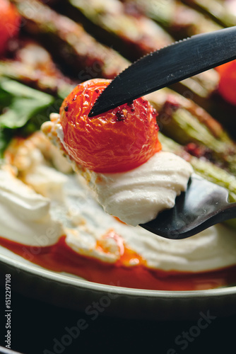 Baked cherry tomato with cheese and spices on a black fork
