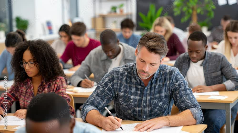Professor grading papers in classroom full of students