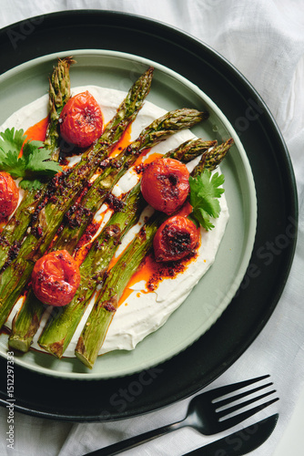 Roasted Asparagus with Creamy Yogurt, Blistered Tomatoes, and Herbs