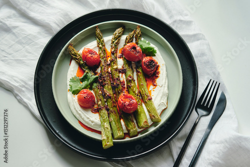On a white cloth in a black plate, a green plate with baked asparagus, cherry tomatoes, spices, herbs and yogurt topping
