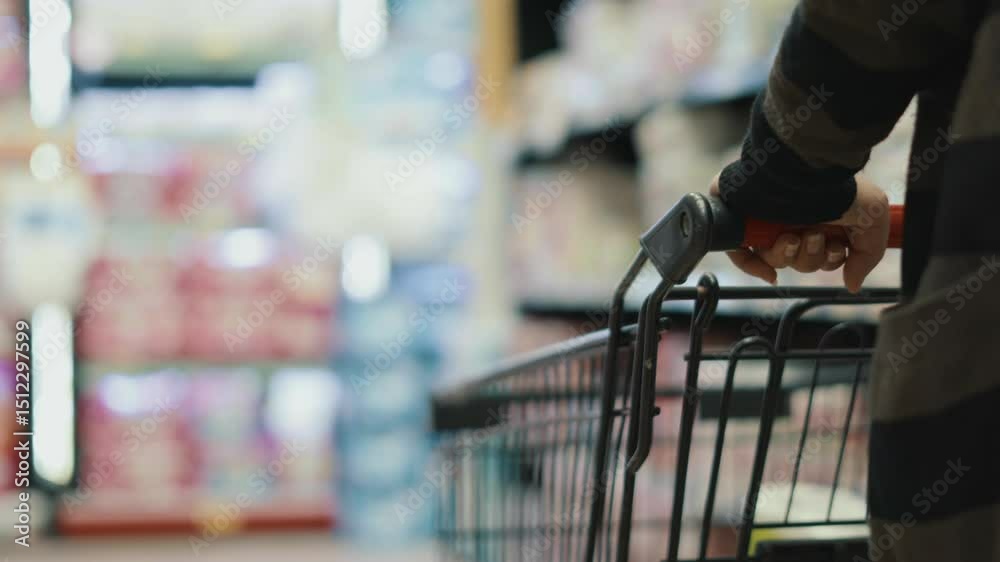 A woman is shopping in a grocery store and is looking at a can of soup. Concept of everyday life and routine, as people go about their shopping in a store